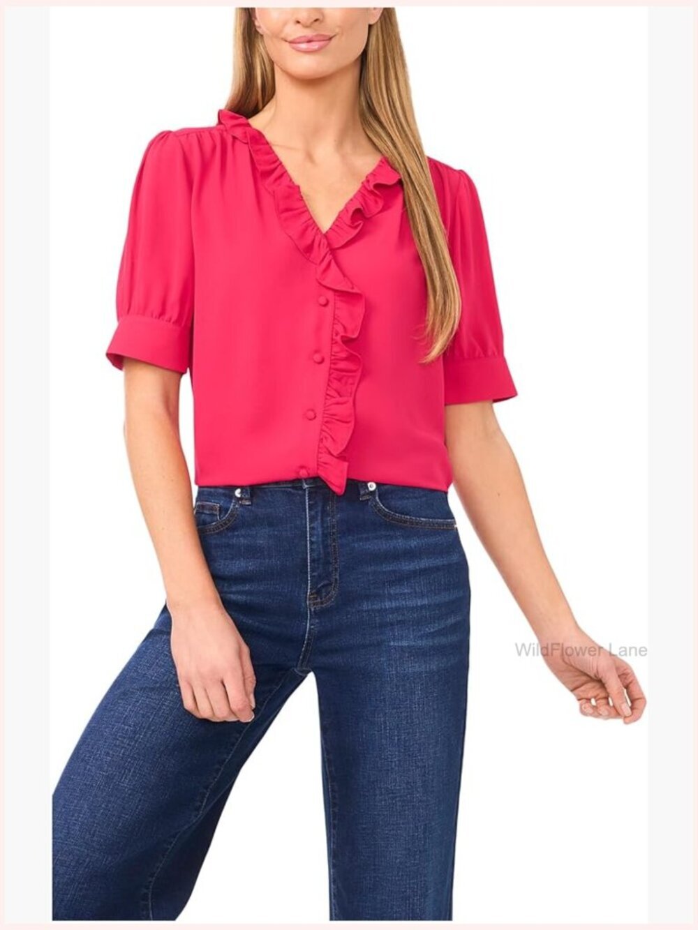 Short Puff Sleeve Button Down Ruffled Blouse - Classic Fit